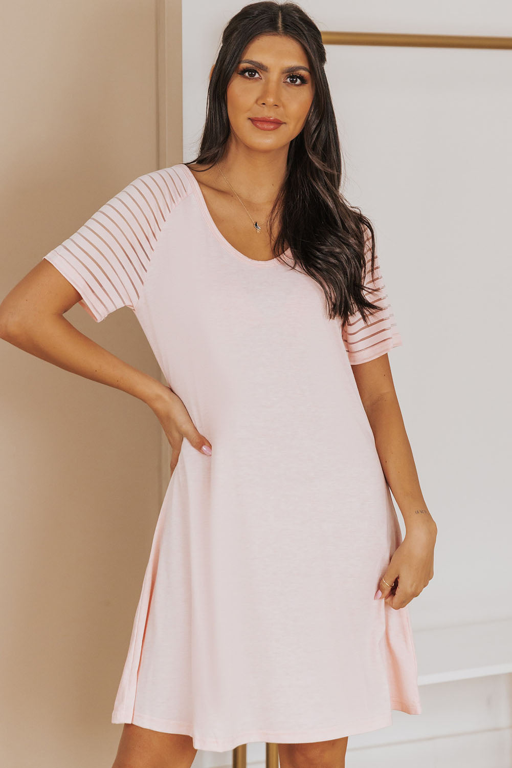 Sheer Striped Short Sleeve Flare T-Shirt Mini Dress