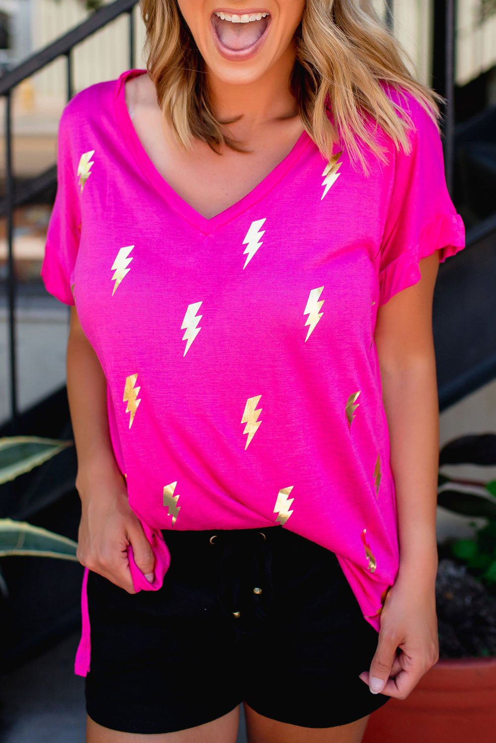Shiny Lightning Print V Neck Loose T Shirt