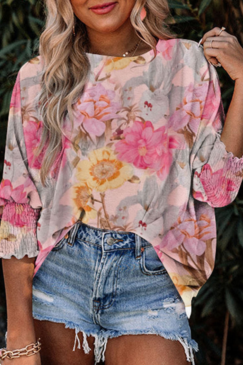 Shirred Cuff 3/4 Sleeve Loose Fit Floral Blouse
