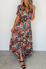 Short Sleeve Boho Floral Pattern Tiered Maxi Dress