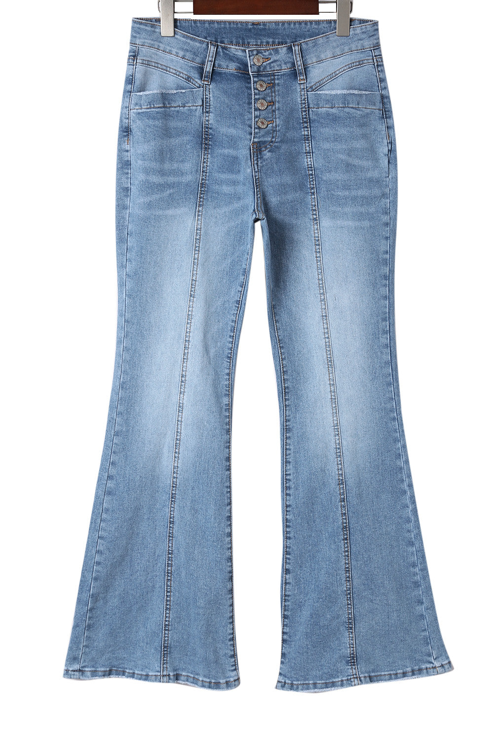 Sky Blue Button Fly Seamed Flare Jeans