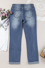 Sky Blue Cherry Blossom Pattern Splicing Mid Waist Distressed Jeans