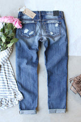 Sky Blue Cherry Blossom Pattern Splicing Mid Waist Distressed Jeans
