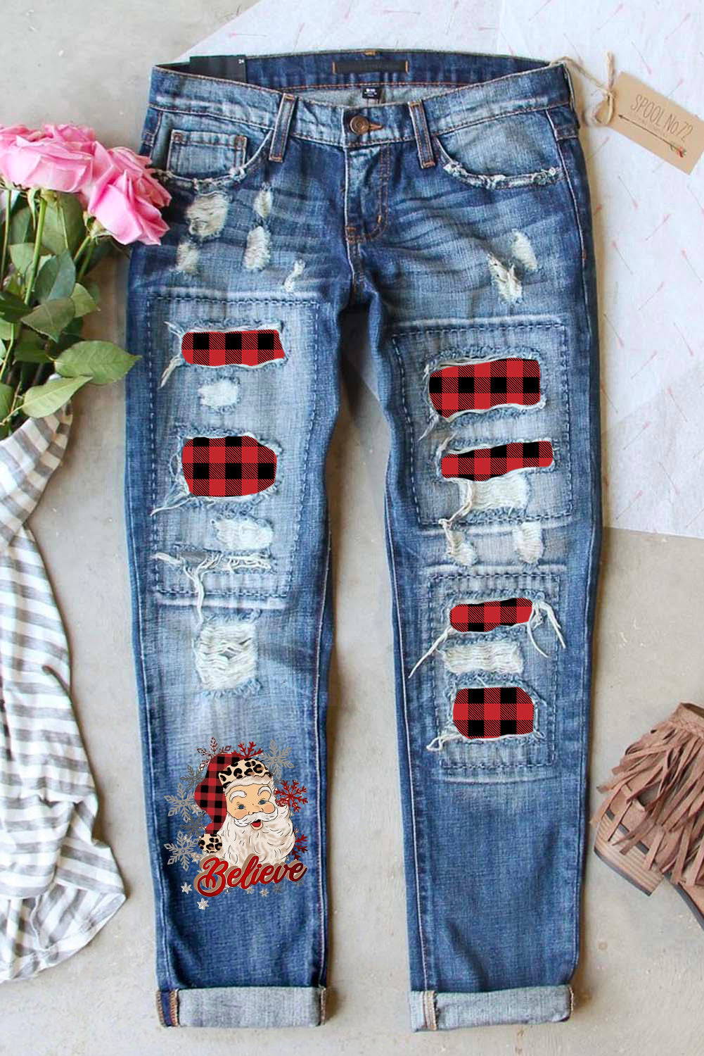 Sky Blue Christmas Pattern Plaid Splicing Distressed Jeans