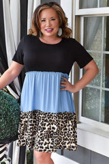 Sky Blue Colorblock Leopard Patchwork T Shirt Plus Size Dress