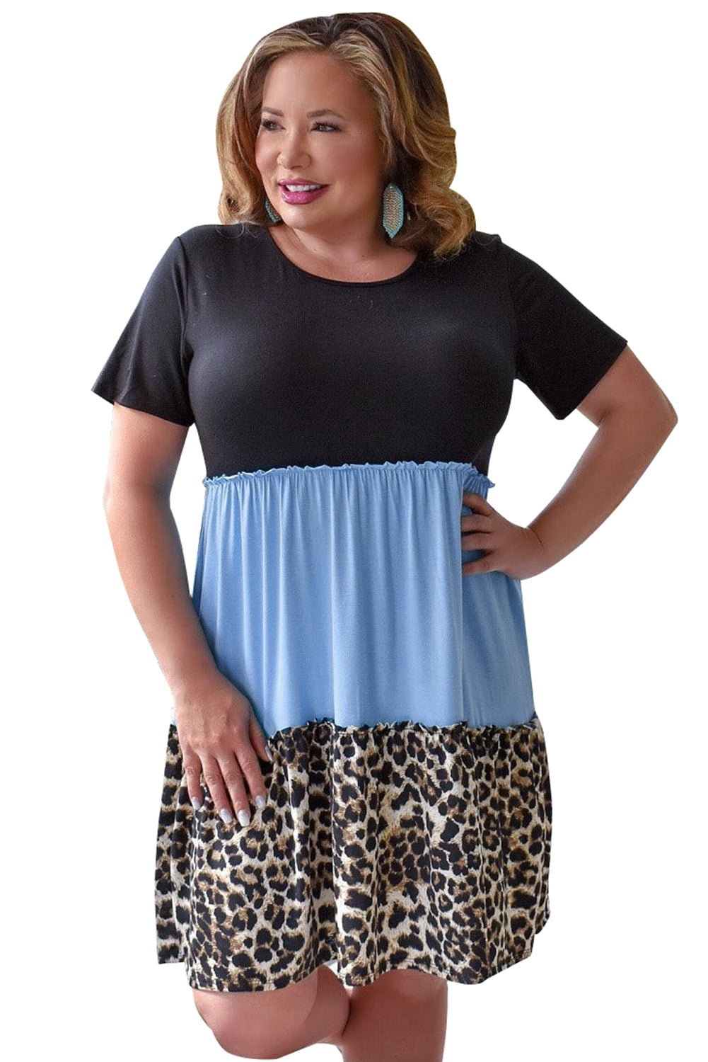 Sky Blue Colorblock Leopard Patchwork T Shirt Plus Size Dress