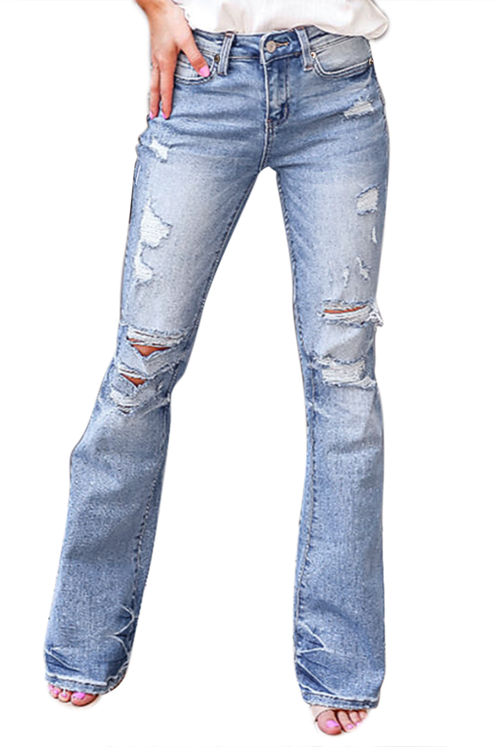 Sky Blue Distressed Mid Waist Ripped Flare Jeans