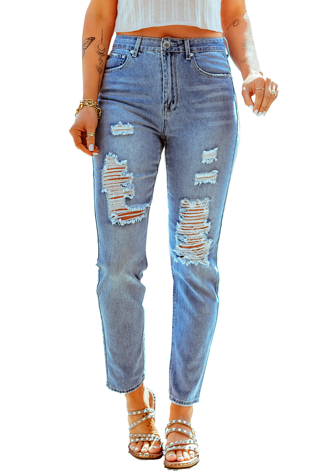 Sky Blue Distressed Slits Straight Jeans
