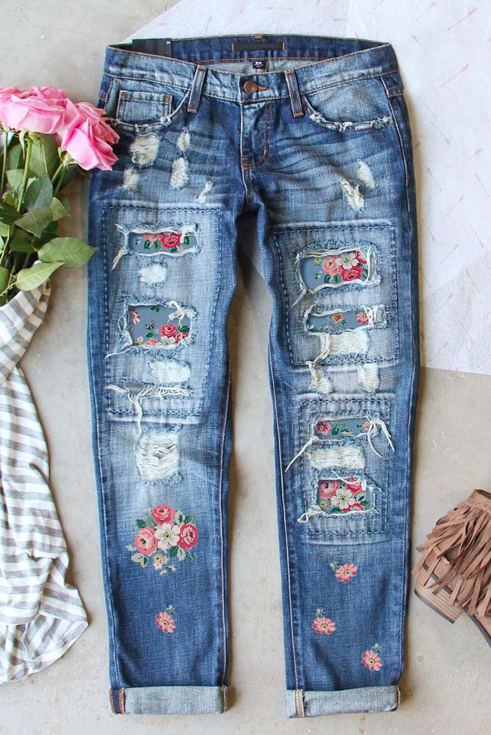 Sky Blue Floral Print Contrast Distressed Mid Waist Jeans