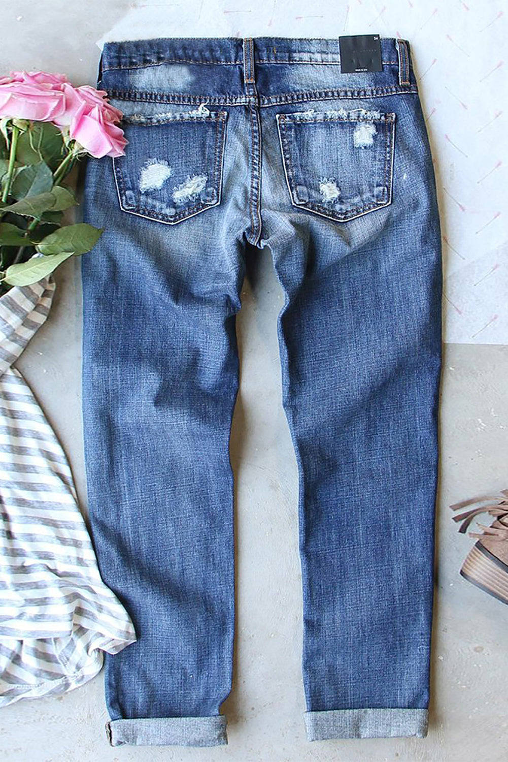 Sky Blue Floral Print Contrast Distressed Mid Waist Jeans