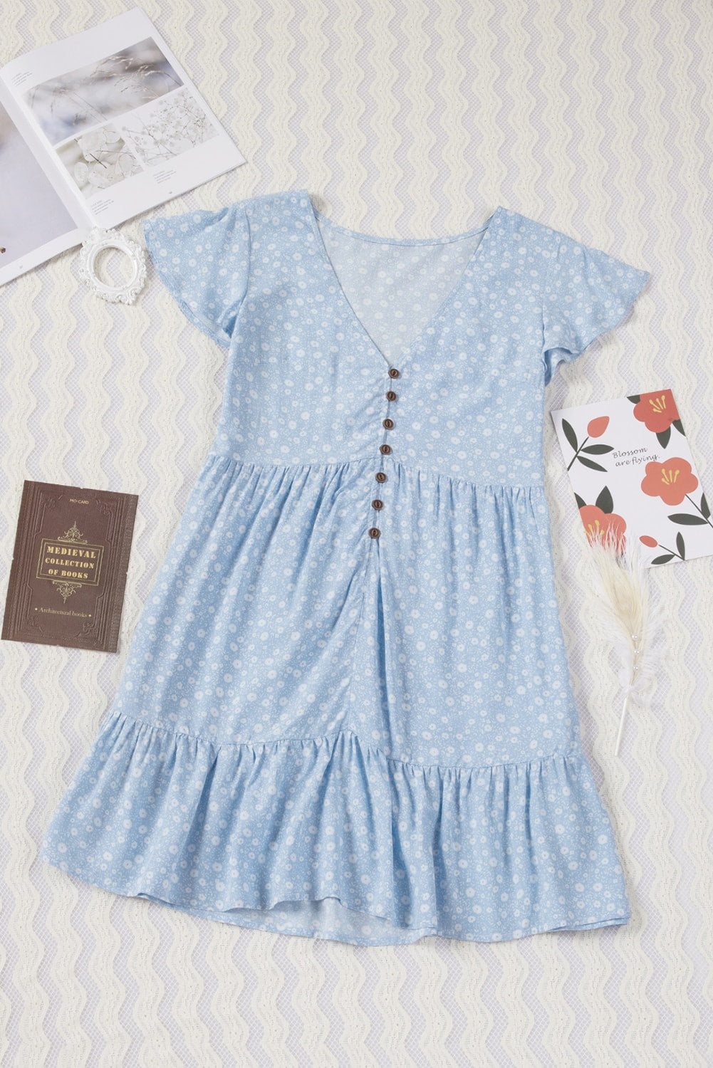 Sky Blue Floral V Neck Buttoned Babydoll Dress With Ruffled Hem