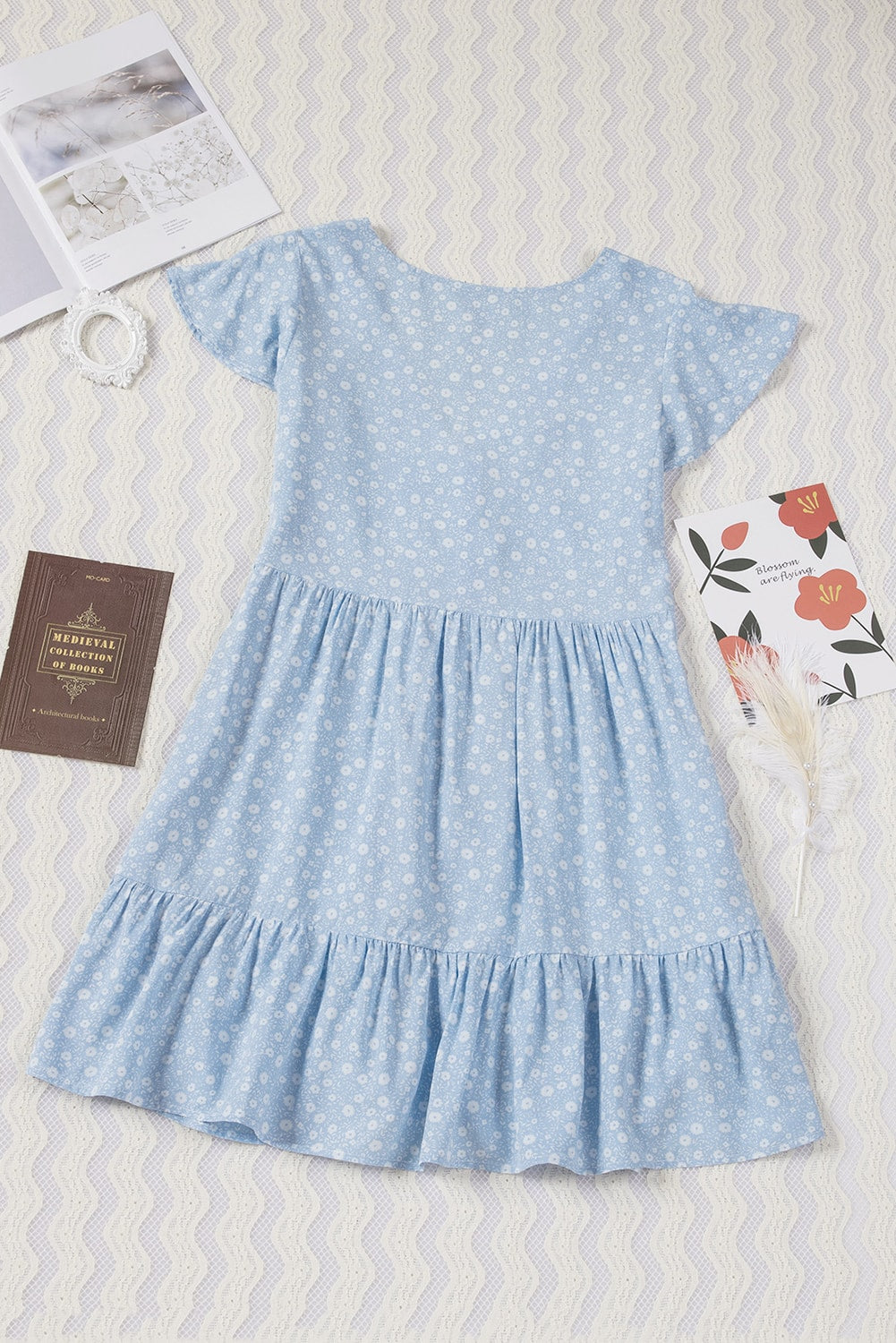 Sky Blue Floral V Neck Buttoned Babydoll Dress With Ruffled Hem