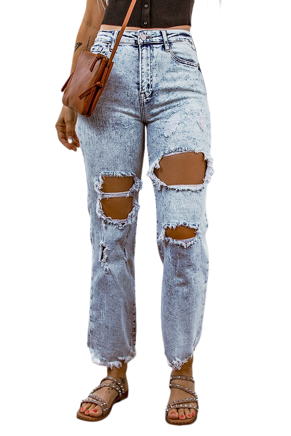 Sky Blue Hollow-Out Light Washed Ripped Boyfriend Jeans
