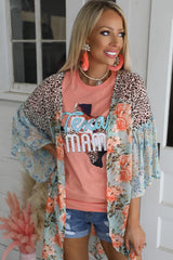 Sky Blue Leopard Floral Mixed Print Wide Sleeves Kimono