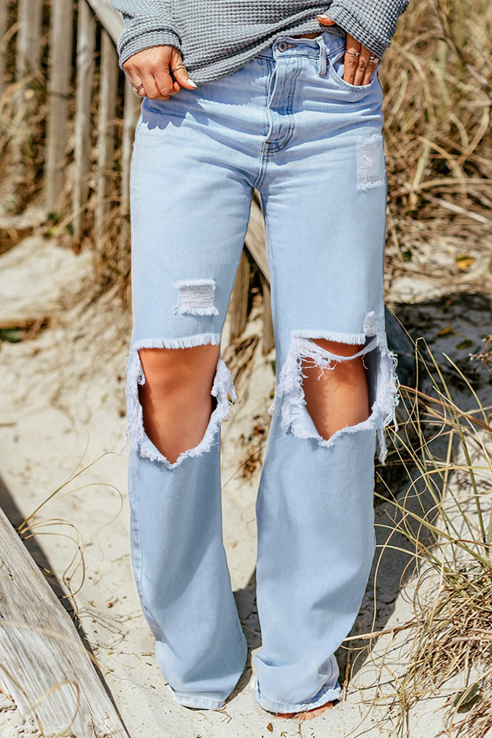Sky Blue Light Wash Cut Out Distressed High Waist Jeans