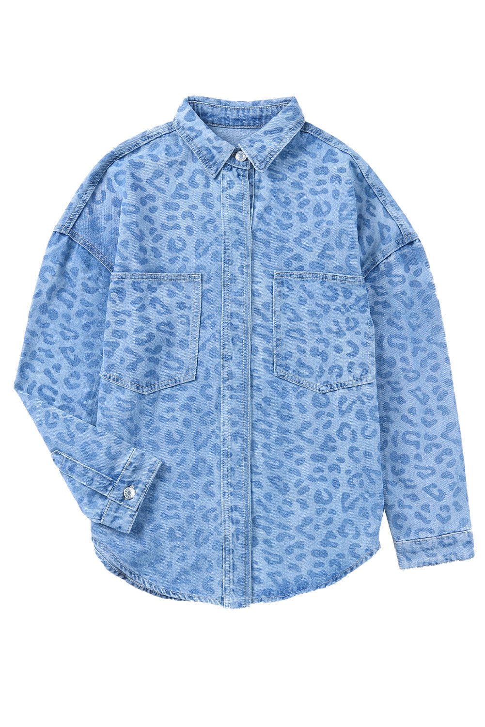 Sky Blue Oversized Leopard Denim Jacket With Pockets
