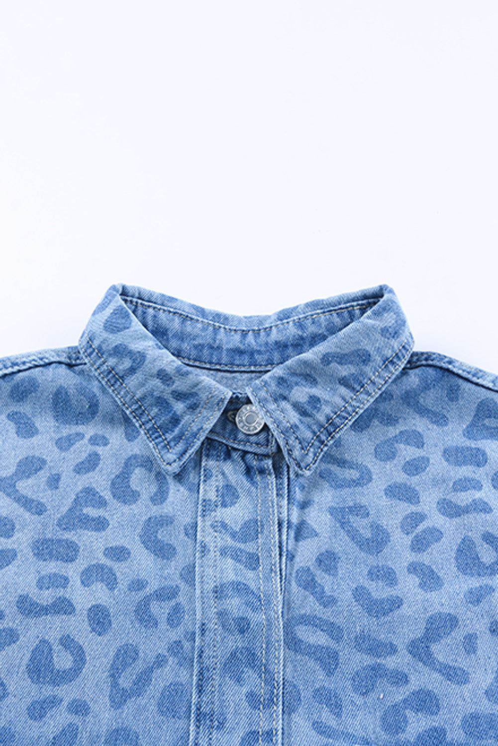 Sky Blue Oversized Leopard Denim Jacket With Pockets