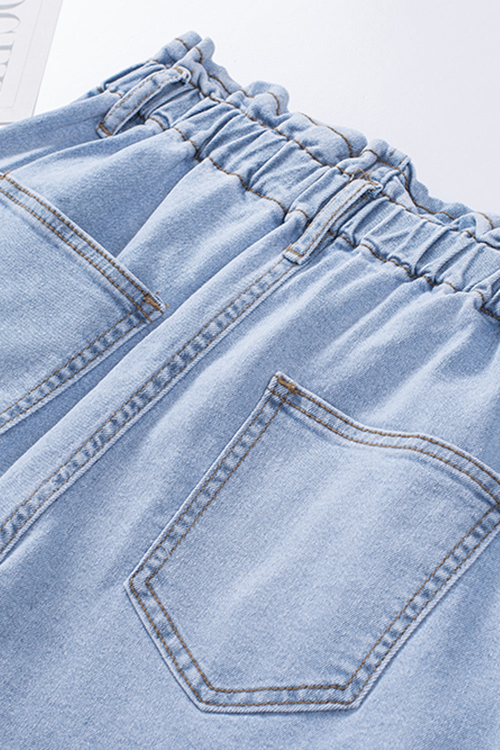 Sky Blue Paperbag Waist Washed Denim Shorts