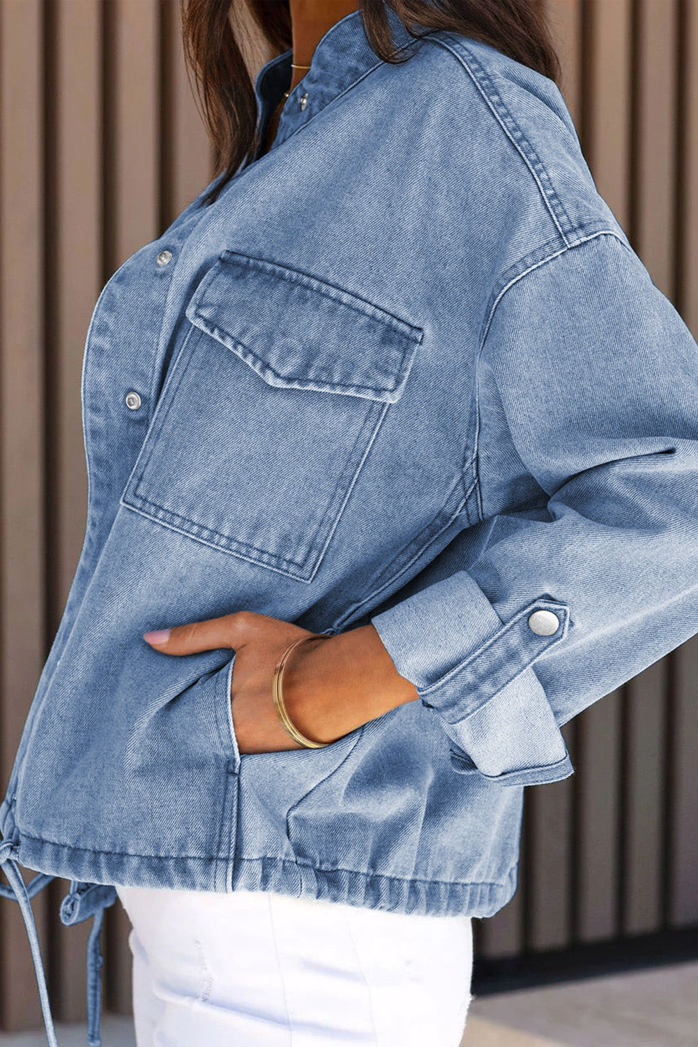 Sky Blue Roll-Up Tab Sleeve Button Down Pocket Denim Jacket