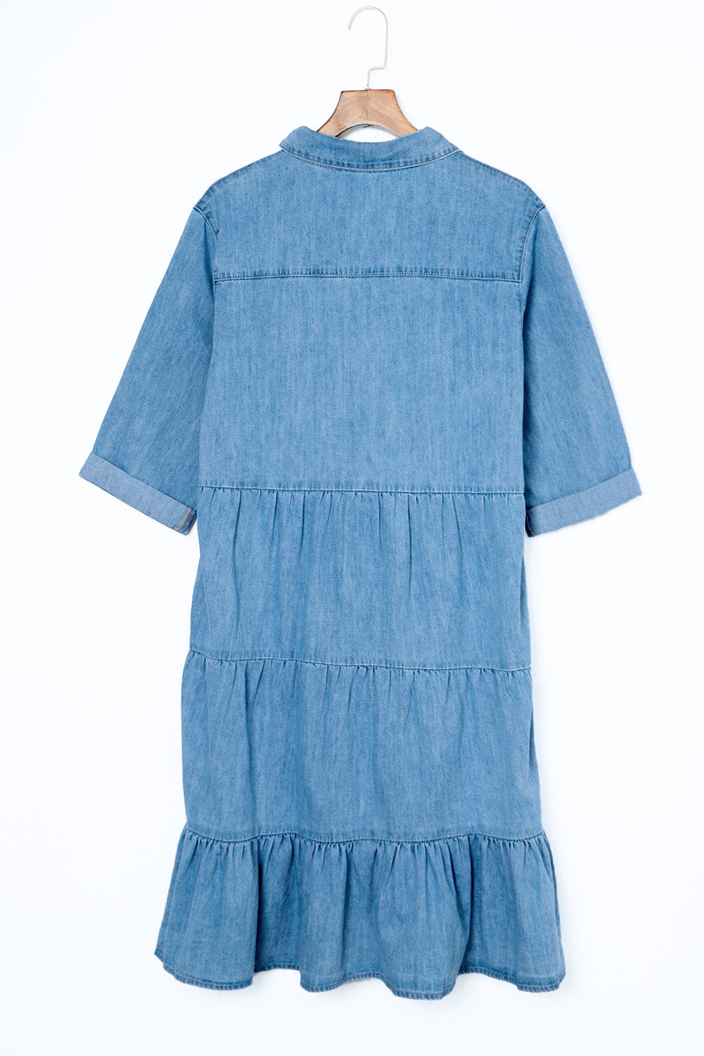 Sky Blue Ruffled Denim Full Buttoned Midi Dress