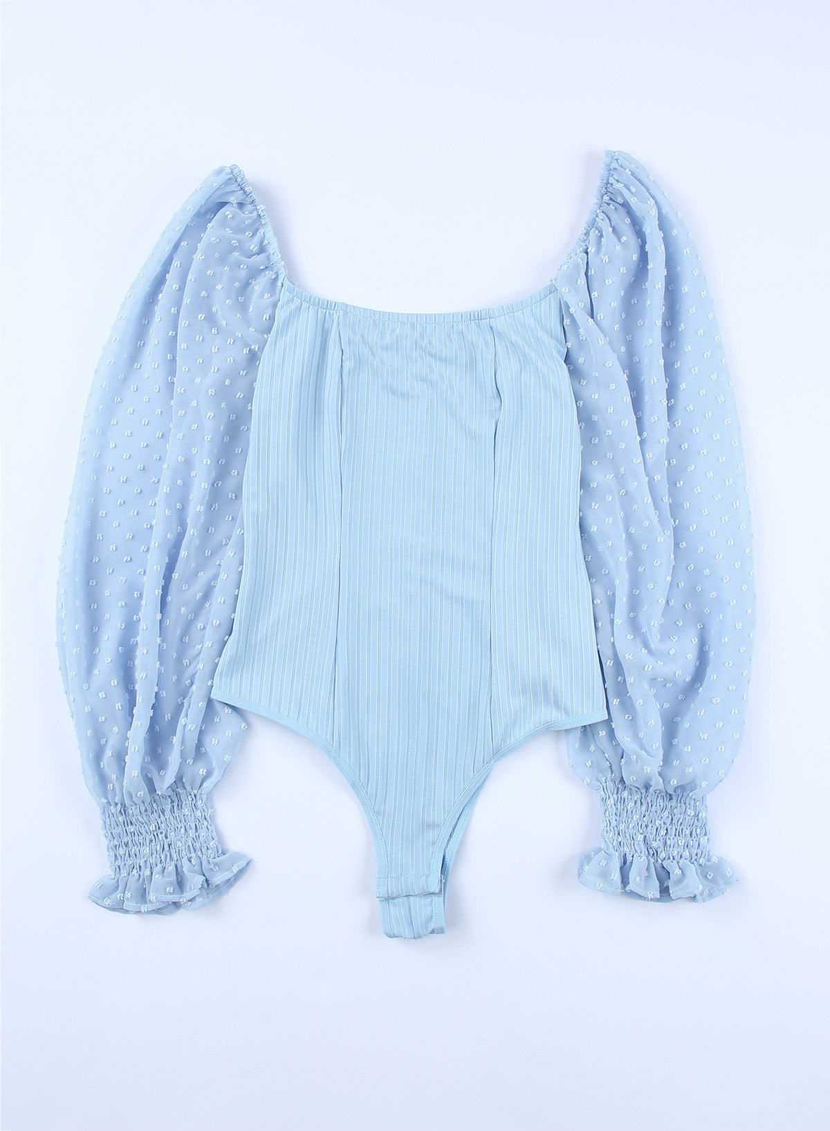 Sky Blue Solid Swiss Dot Ribbed Puff Sleeve Bodysuit