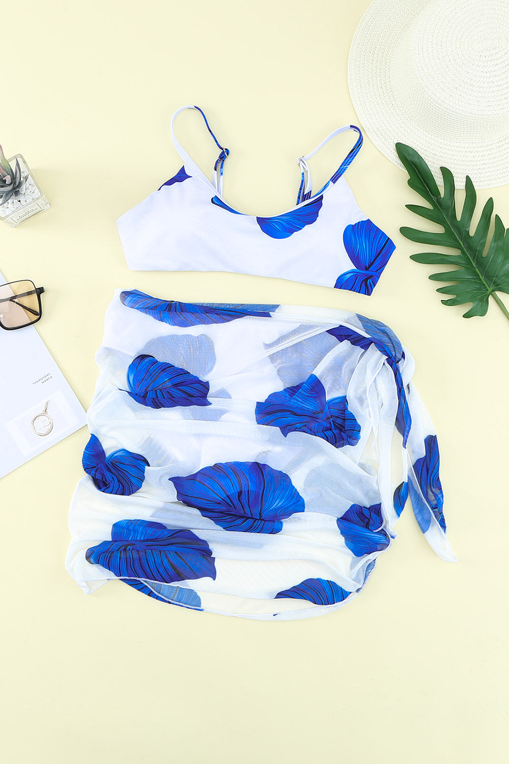Sky Bluetropical Leaf Print Bikini Swimsuit With Beach Skirt