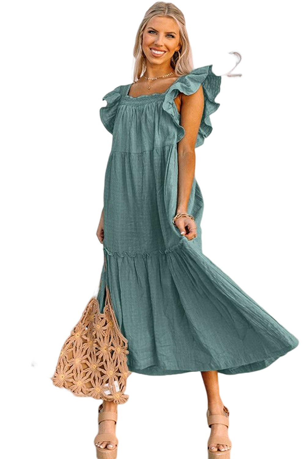 Smocked Neckline Flutter Sleeve Maxi Dress
