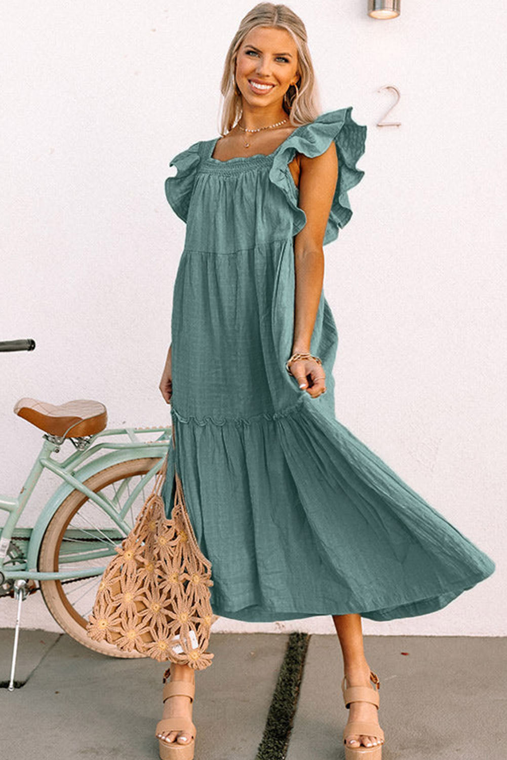 Smocked Neckline Flutter Sleeve Maxi Dress