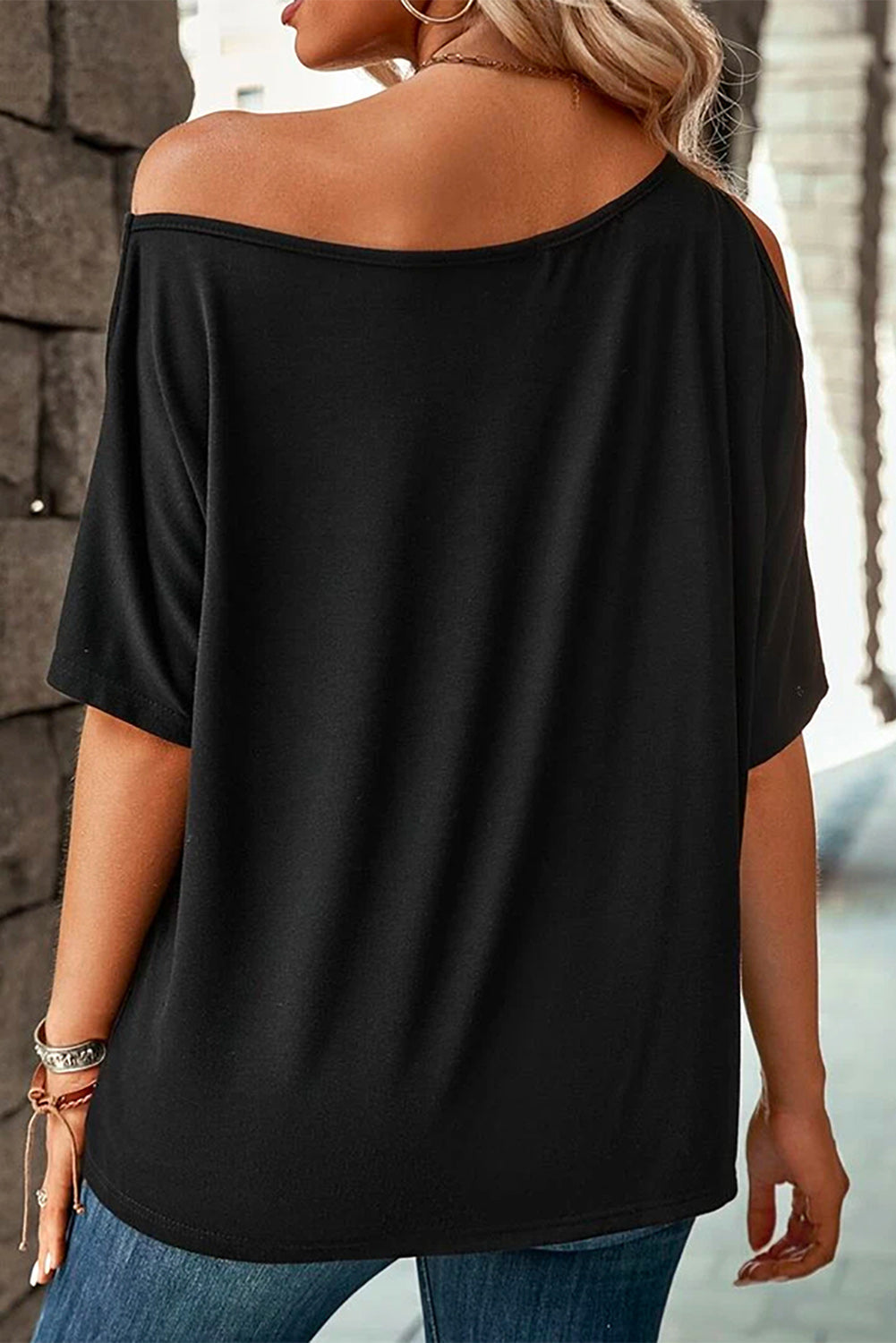 Solid Asymmetrical Neck Loose Casual T-Shirt