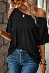 Solid Asymmetrical Neck Loose Casual T-Shirt