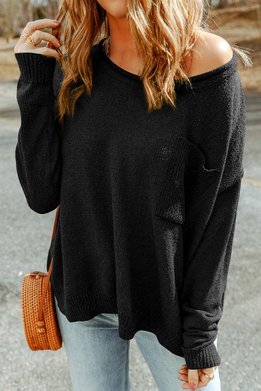 Solid Color Off Shoulder Rib Knit Sweater with Pocket