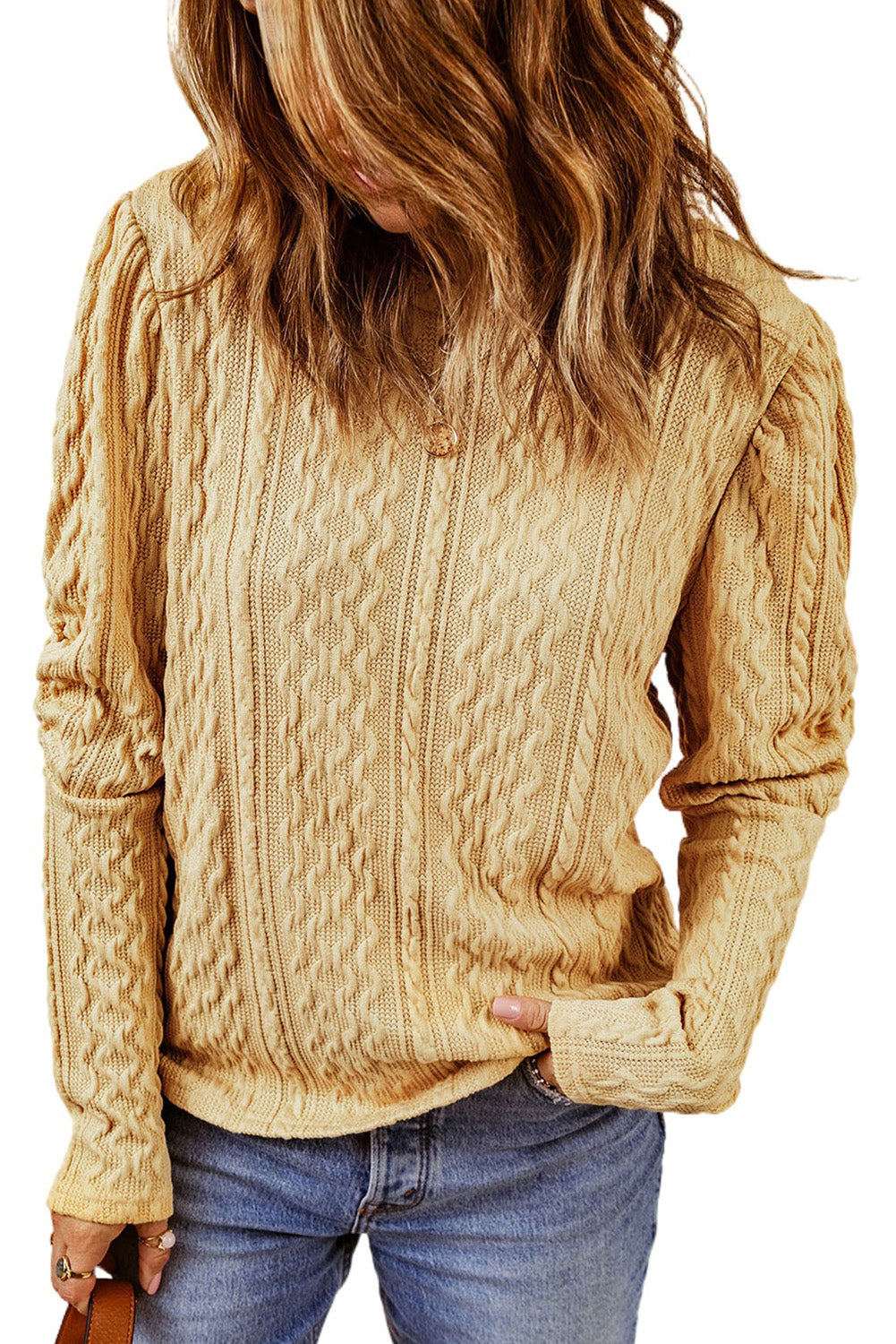 Solid Color Puffy Sleeve Textured Knit Top