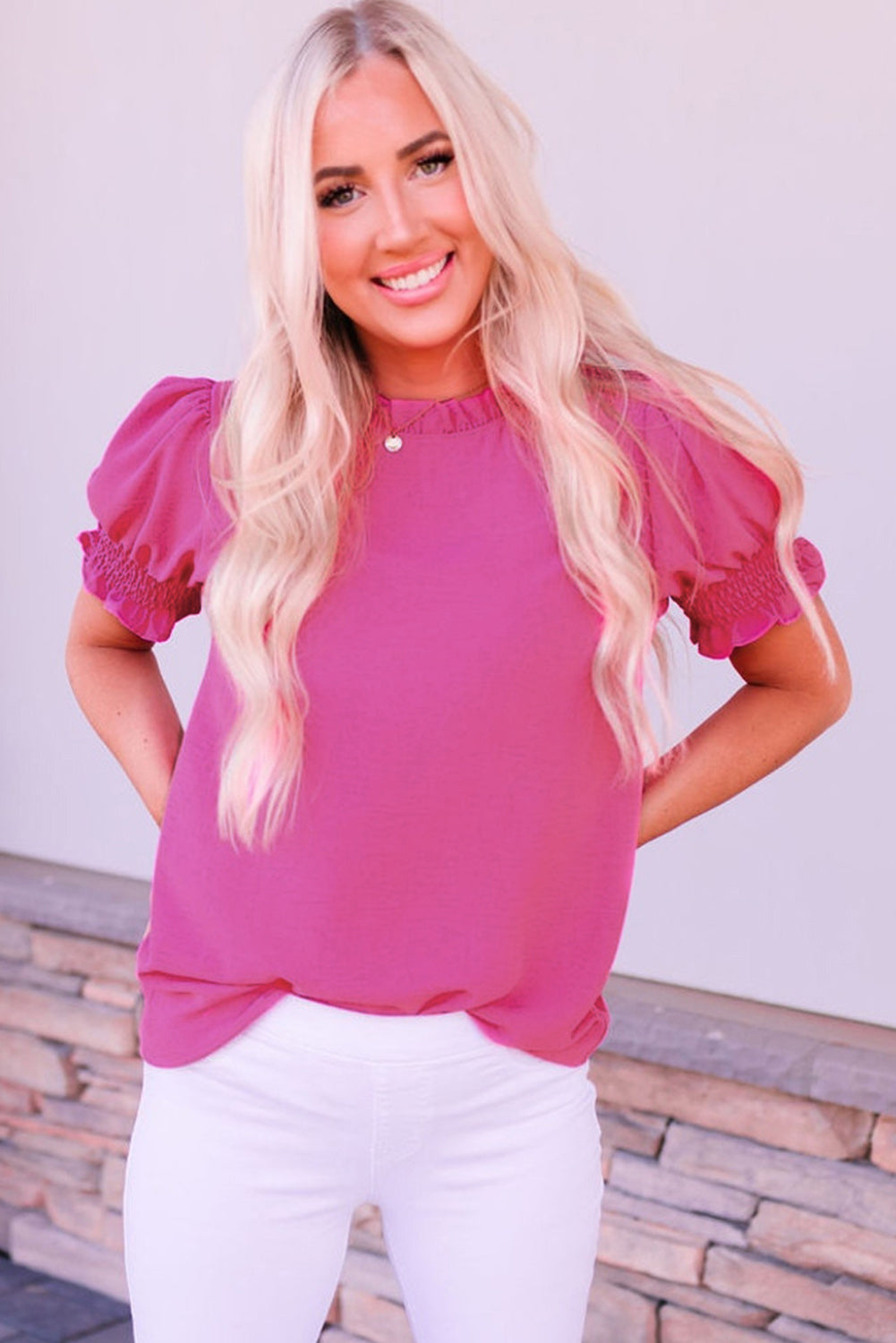 Solid Color Smocked Puff Sleeve Blouse