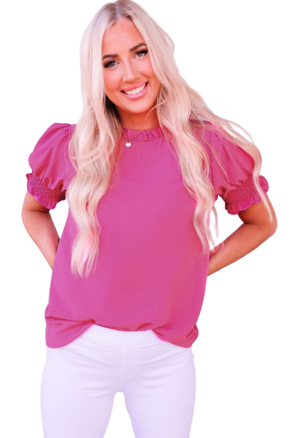 Solid Color Smocked Puff Sleeve Blouse