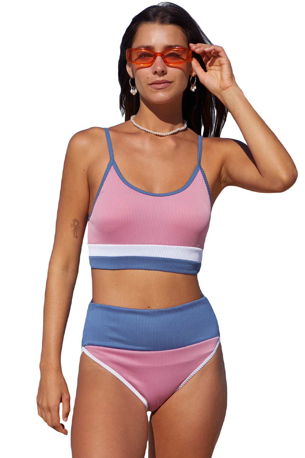 Spaghetti Straps Colorblock Ribbed High Waisted Swimsuit
