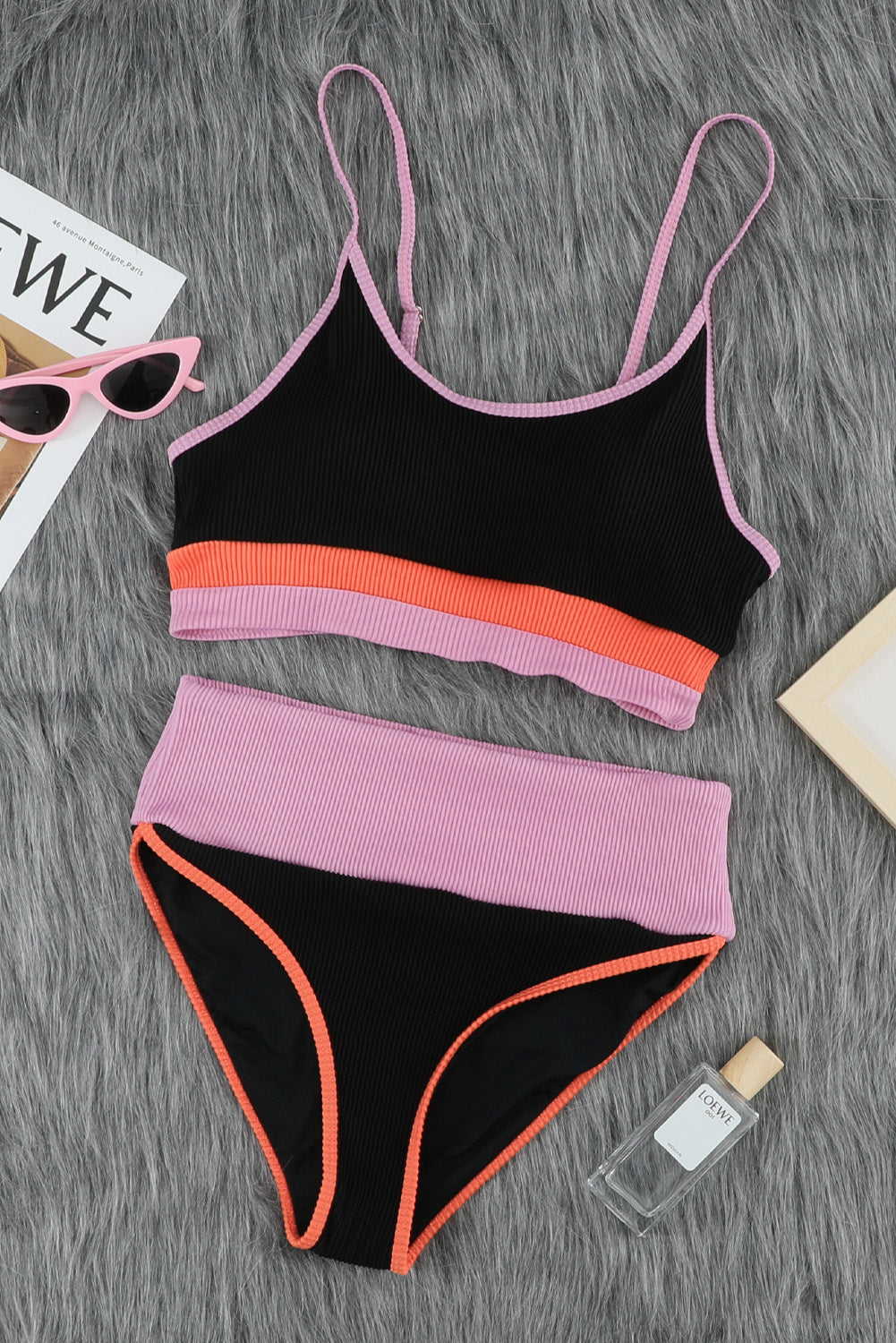Spaghetti Straps Colorblock Ribbed High Waisted Swimsuit