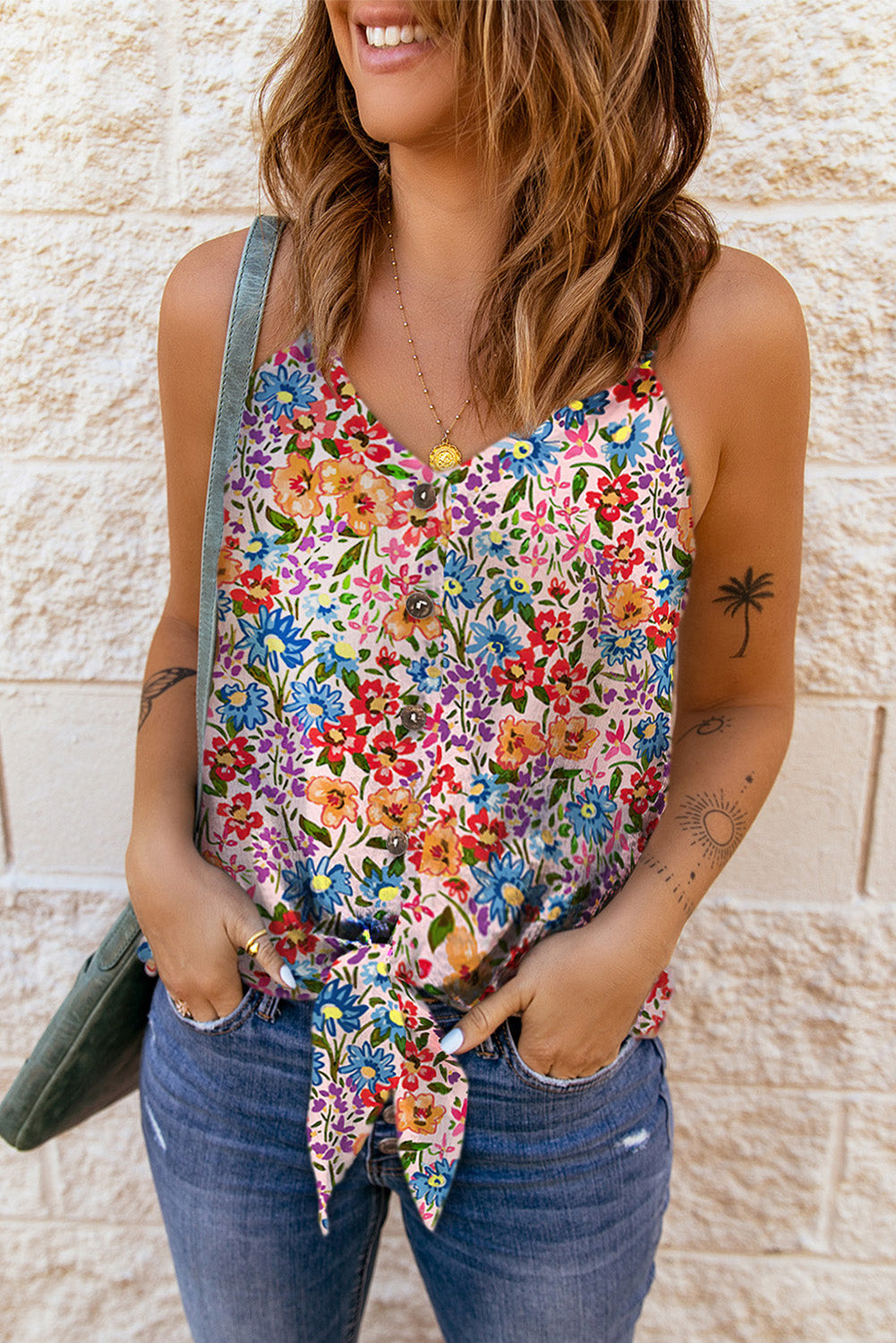 Spaghetti Straps Knot Front Floral Tank Top