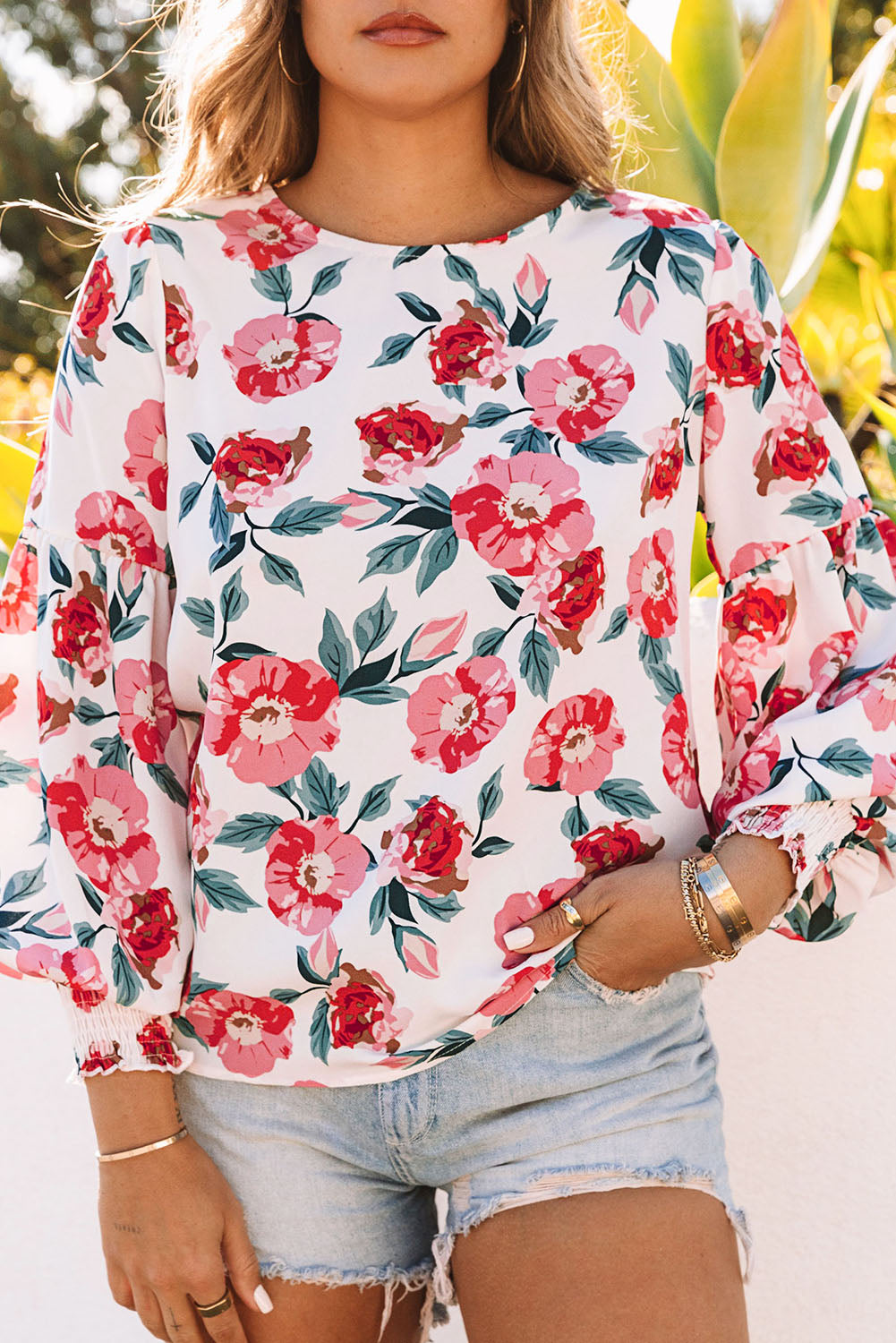 Splicing Puff Sleeve Floral Blouse