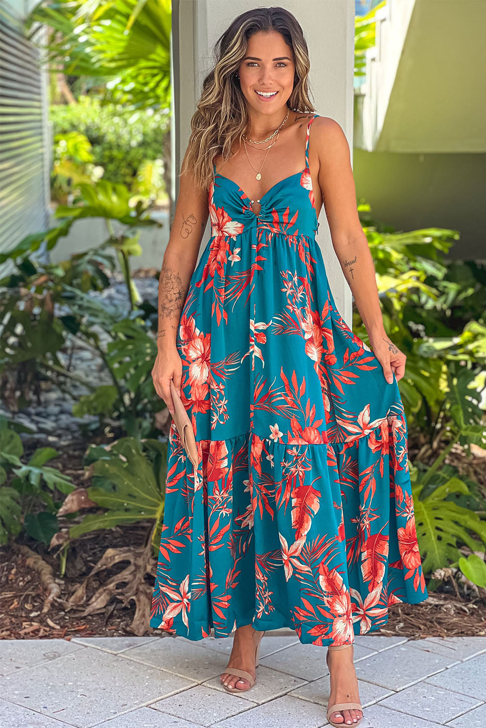 Strappy Open Back Floral Maxi Dress