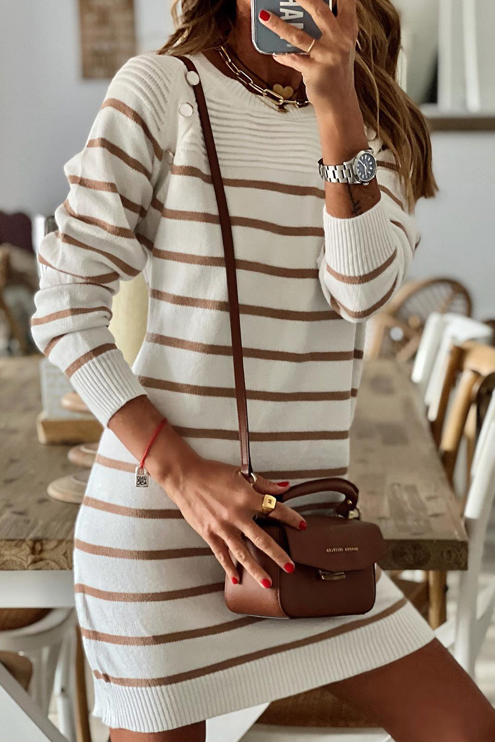 Stripe Button Ribbed Detail Mini Sweater Dress