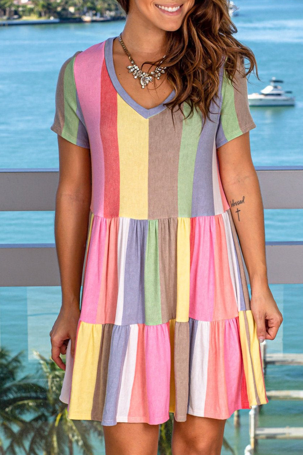 Stripe Color Block Ruffled T-shirt Dress