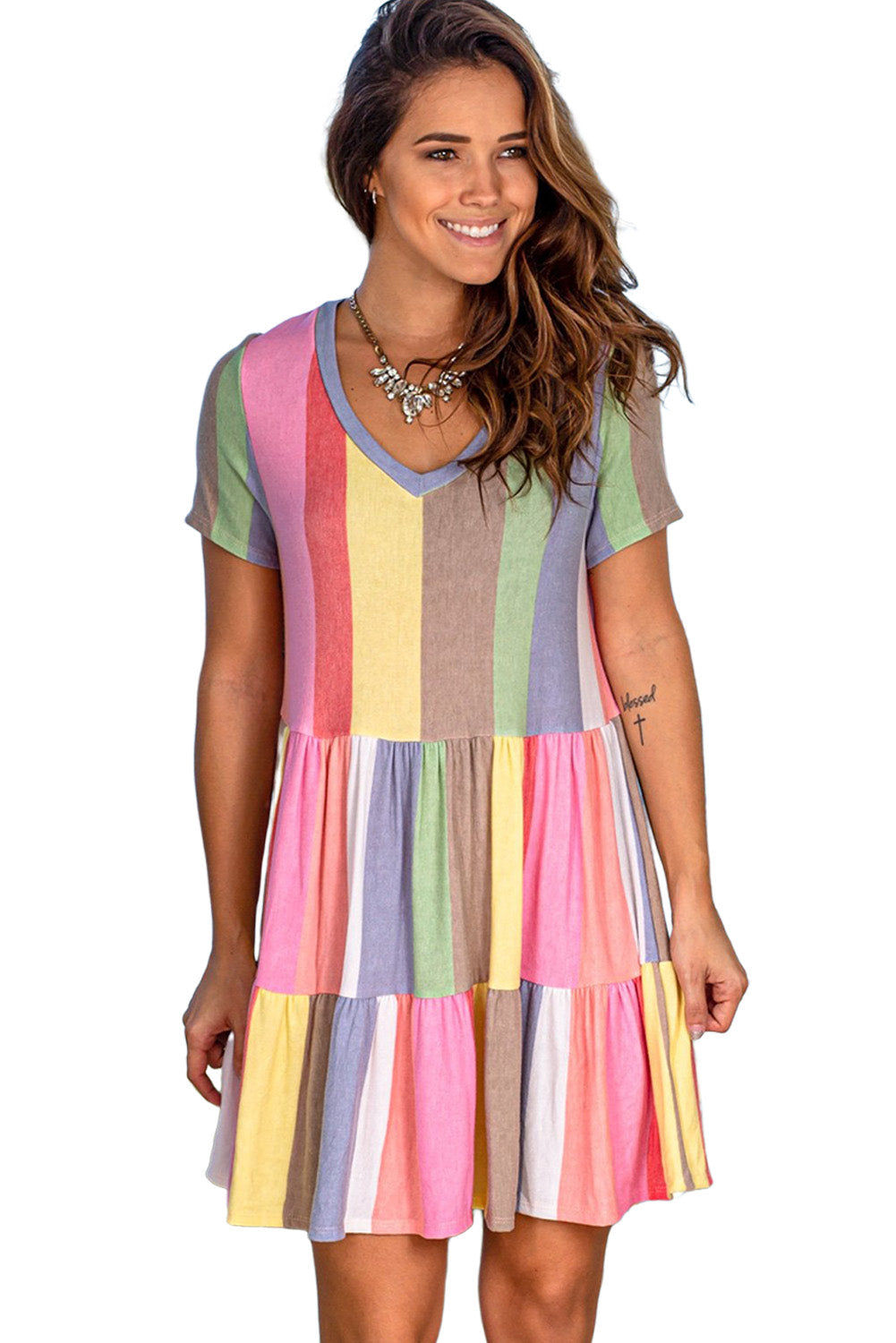 Stripe Color Block Ruffled T-shirt Dress