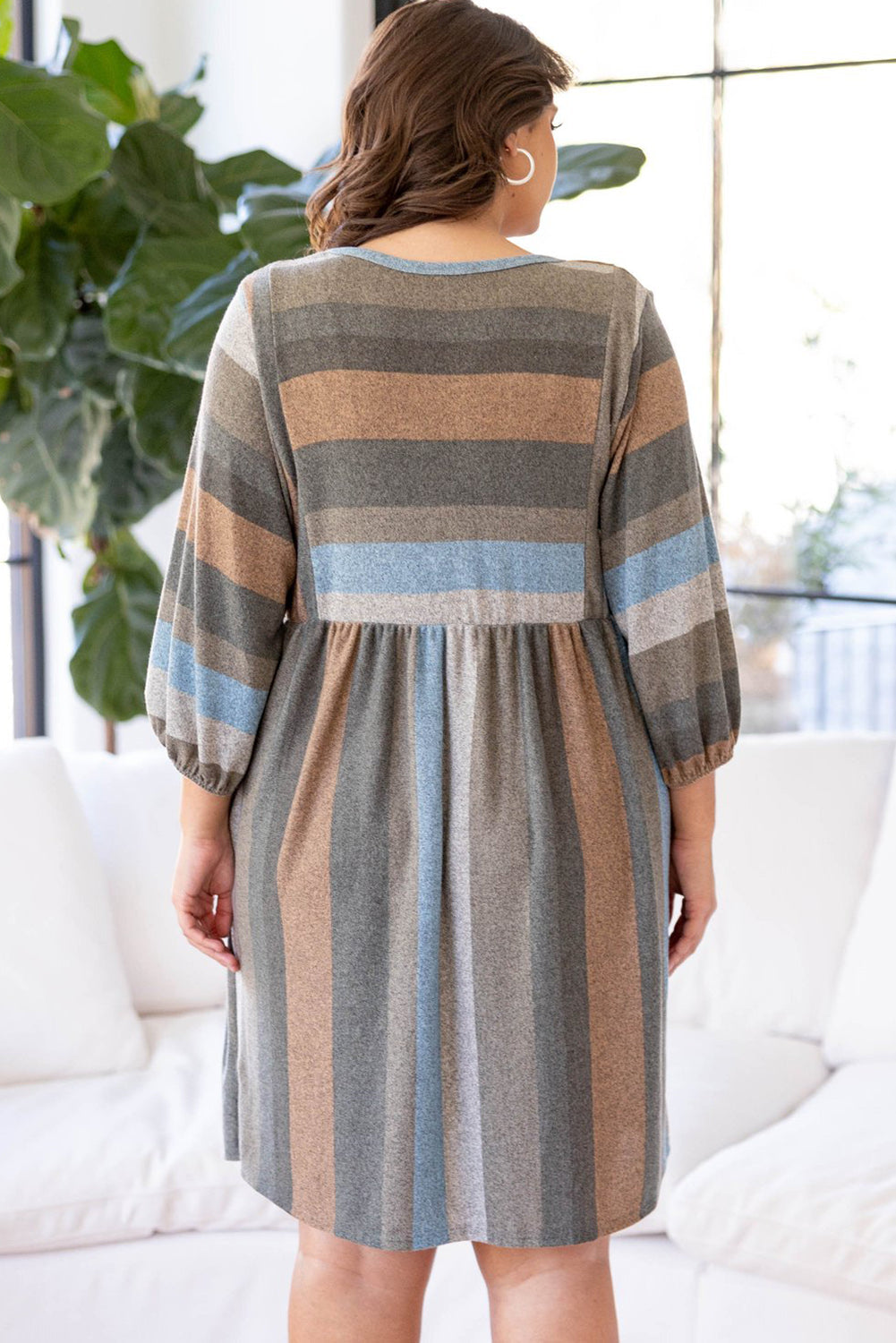 Stripe Plus Size 3/4 Sleeves Striped Print Empire Waist Dress