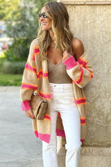 Stripe Printed Ribbed Long Knitted Cardigan