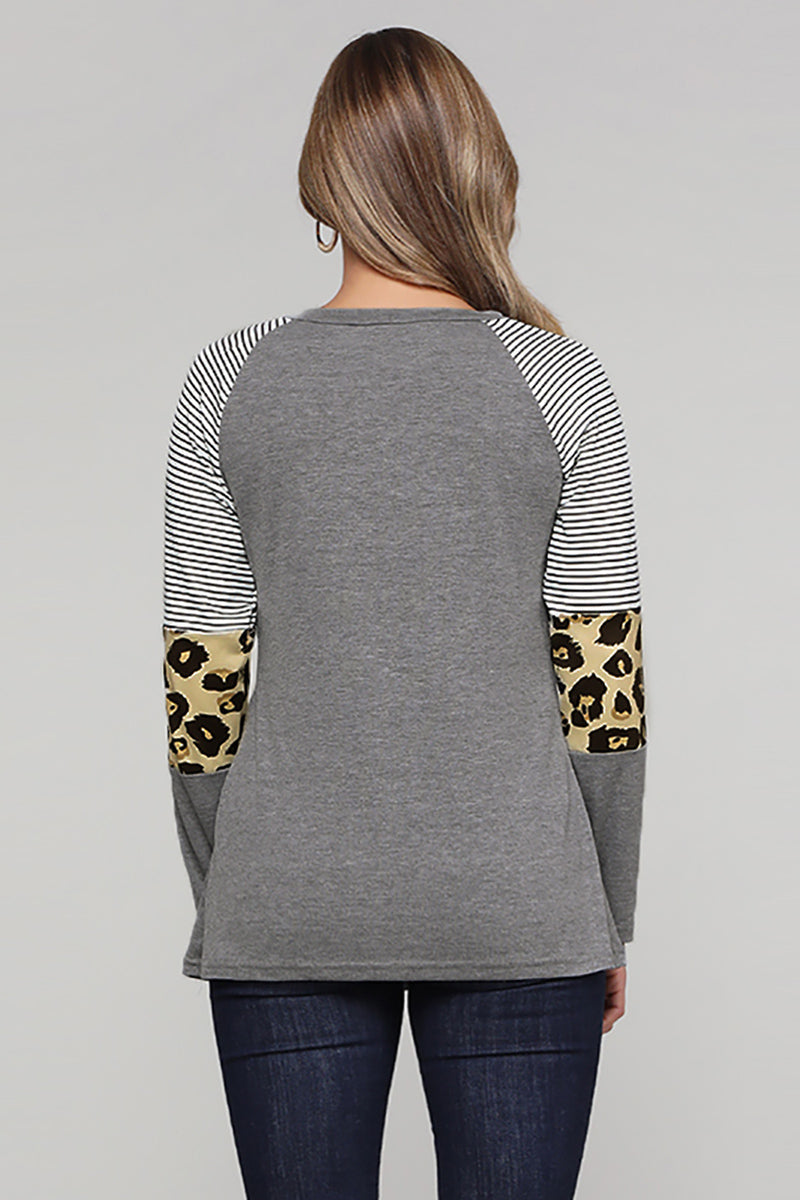 Striped And Leopard Color Block Sleeves Top
