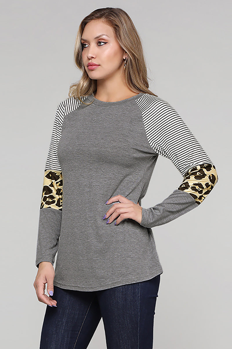 Striped And Leopard Color Block Sleeves Top