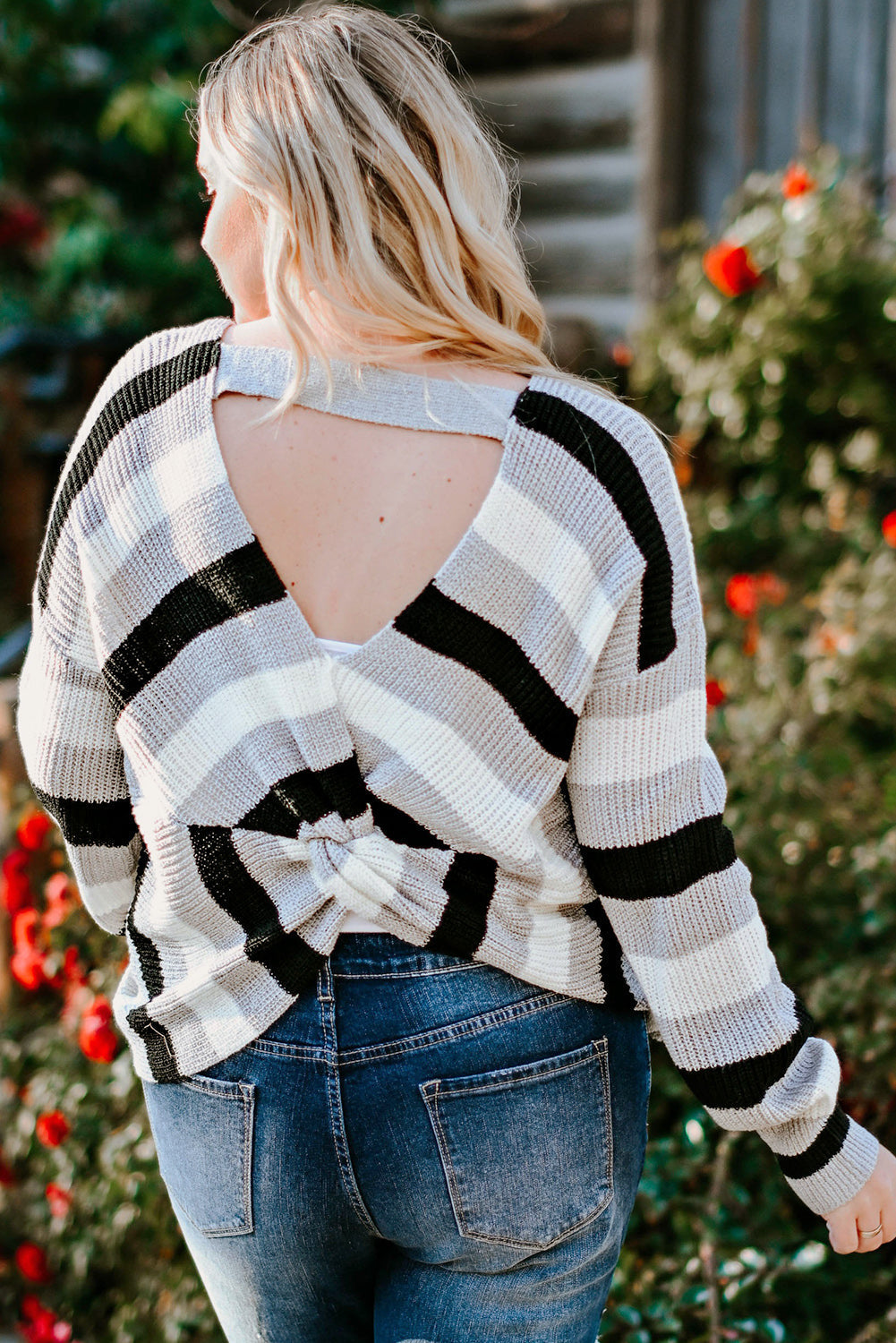 Striped Color Block Cut Out Back Plus Size Sweater