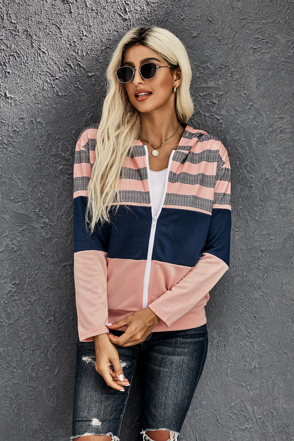 Striped Color Block Drawstring Zip Front Hoodie