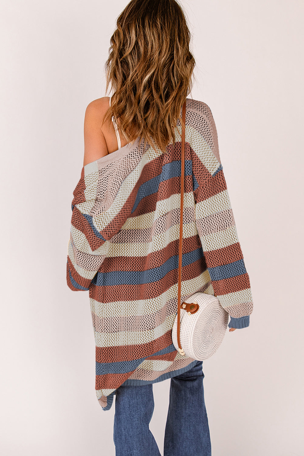 Striped Color Block Hollowed Knit Cardigan