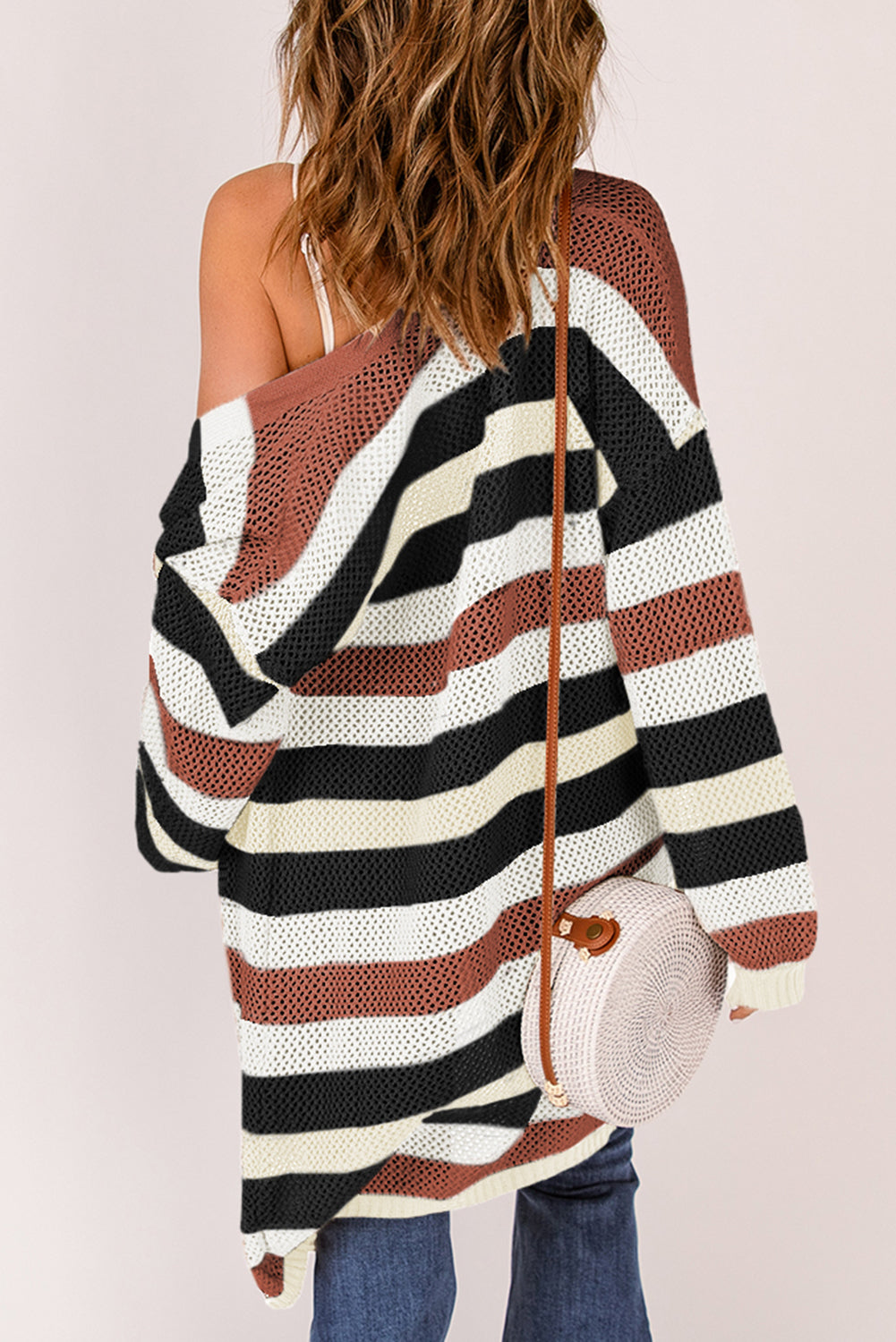 Striped Color Block Hollowed Knit Cardigan